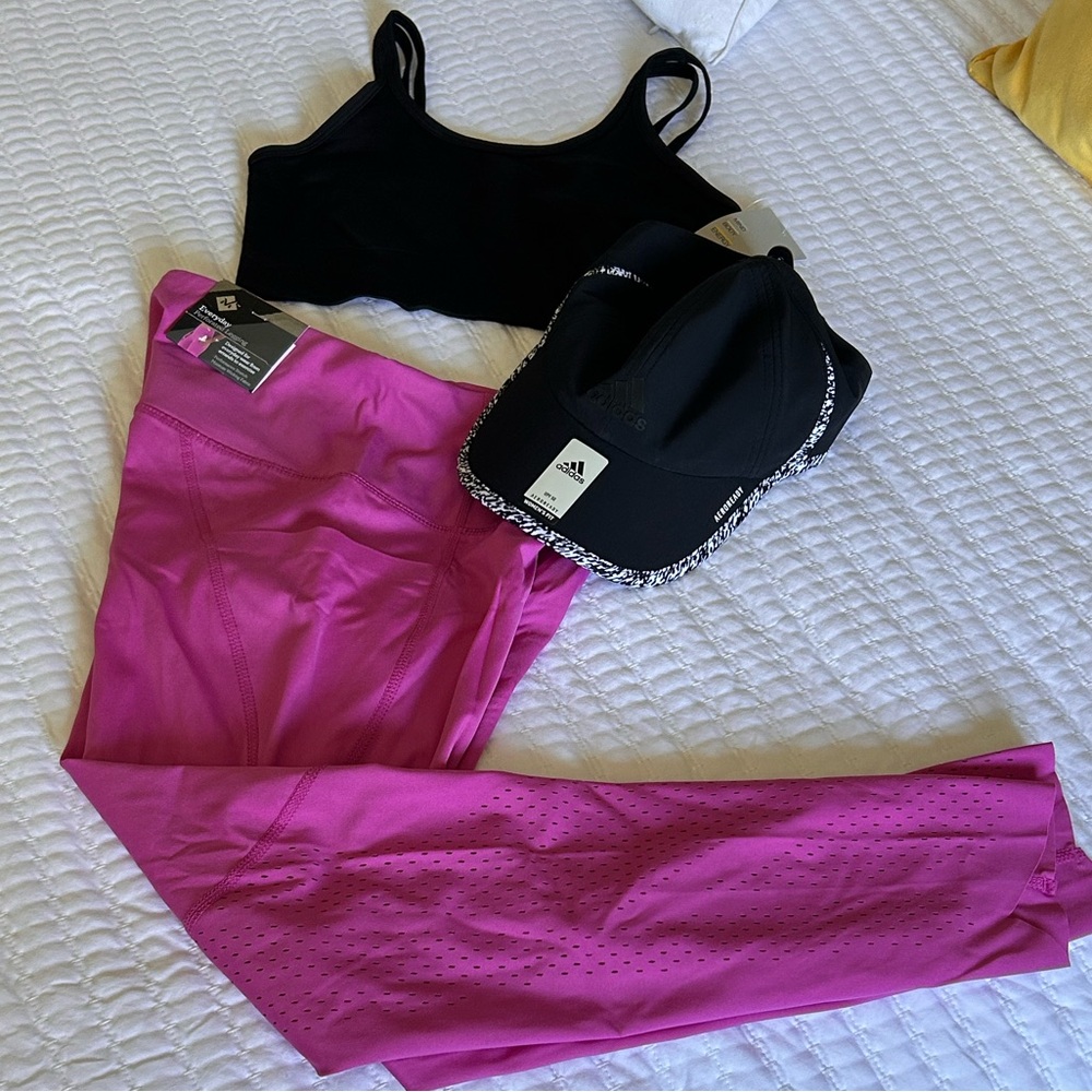 Lavender Ankle Cropped Pants, Zella sports bra & adidas hat